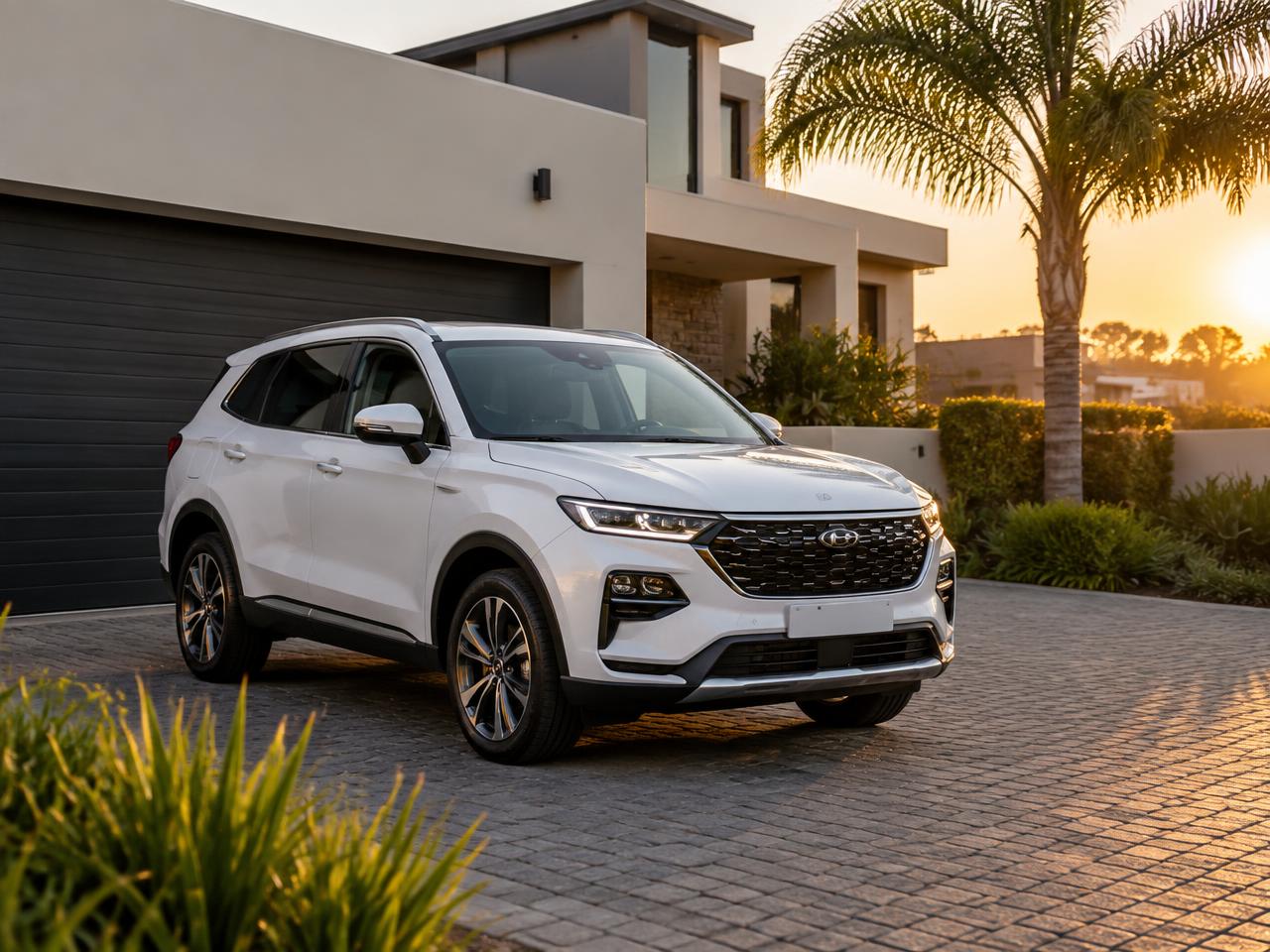A white family SUV parked safely in the driveway of a South African home at sunset