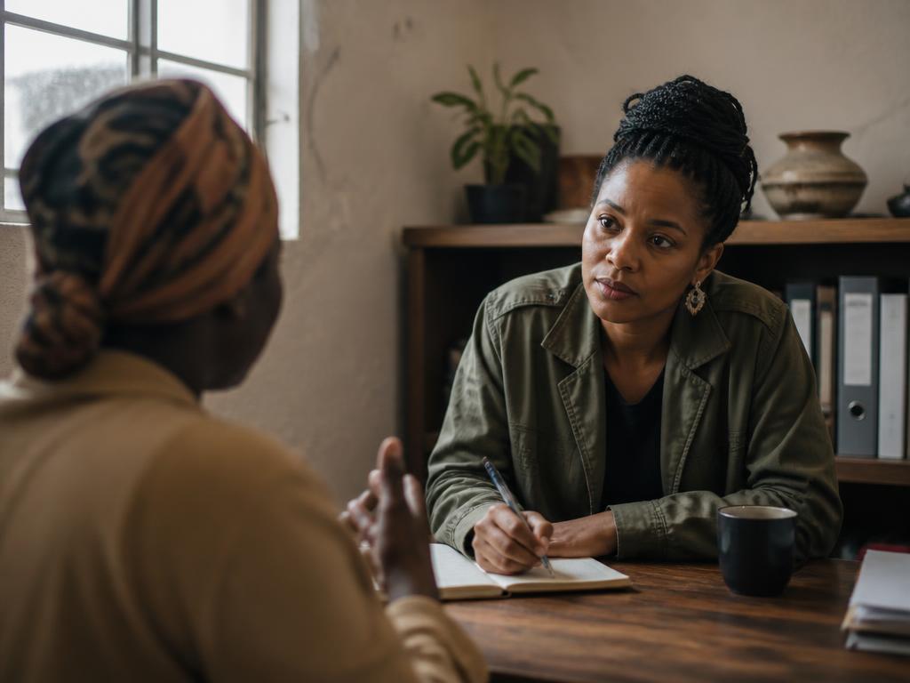 A specialist listening and taking notes during a client assessment